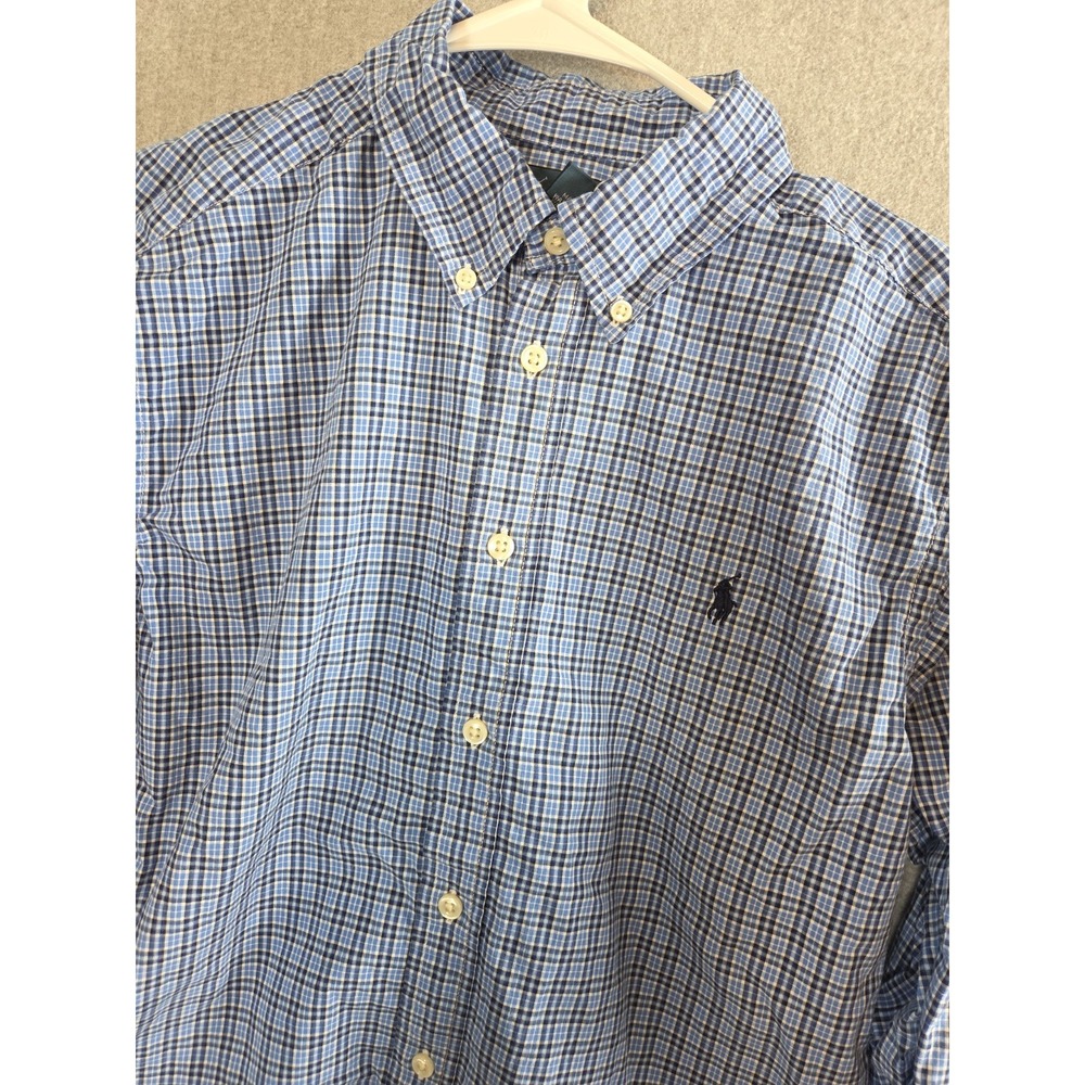 Polo Ralph Lauren Boys Oxford Shirt L 14-16 Blue Gingham Check Long Sleeve Logo